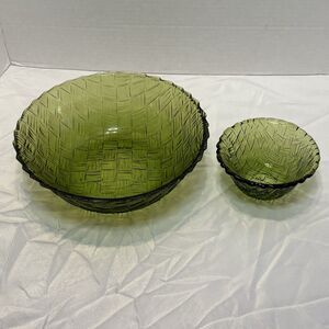 Indiana Glass Chip & Dip Bowl Avocado Green Basket Weave Vintage